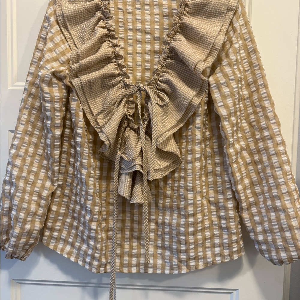SHEIN Beige Plaid Ruffle Blouse